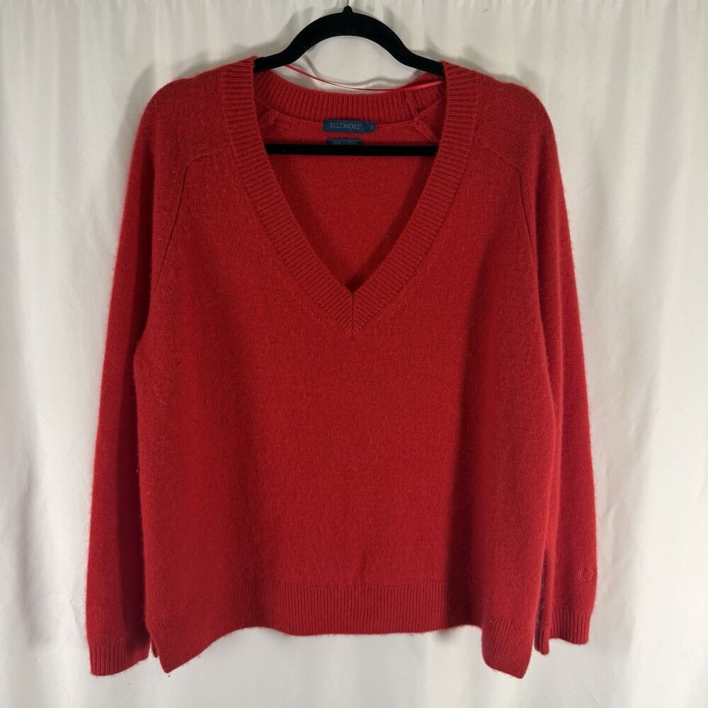 Biltmore 100% Cashmere Sweater Women's Small Red V-Neck Knit Long Sleeve Soft